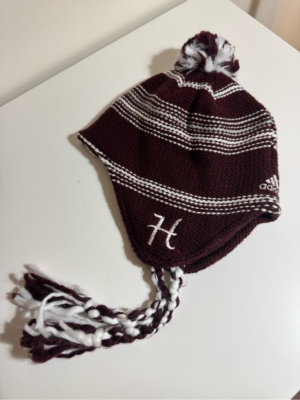 NWT Adidas Harvard University Maroon and White Pom Pom Earflap Beanie